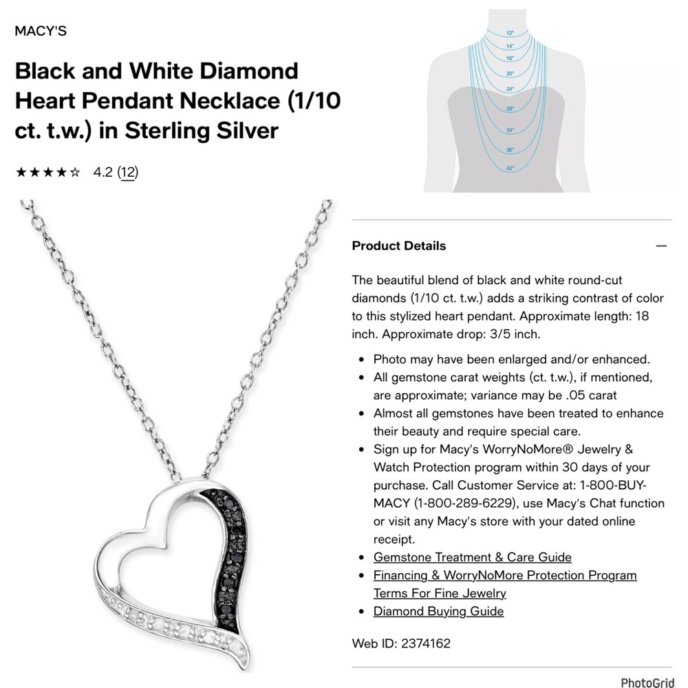 Macys black and white diamond heart necklace sterling silver NEW
